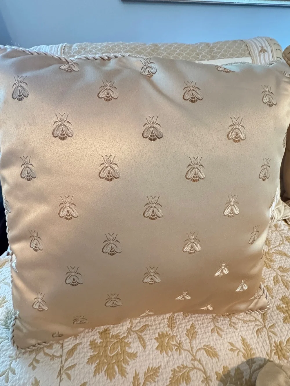 Ethan Allen Cream and Gold Floral Quilted Duvet Cover, Throw Pillows & Bedskirt